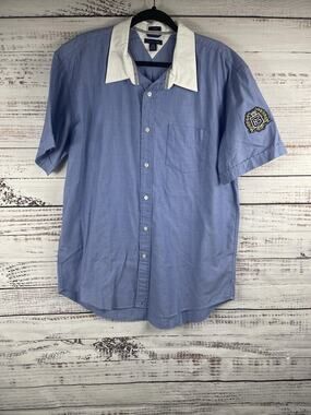 Tommy Hilfiger Shirt Mens XL Blue White Crest Patch Trim Fit Preppy Short Sleeve
